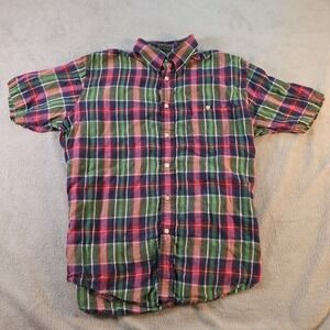 ORVIS Men's Size XL 100% Linen Multi Color Plaid Short Sleeve Button Down Shirt